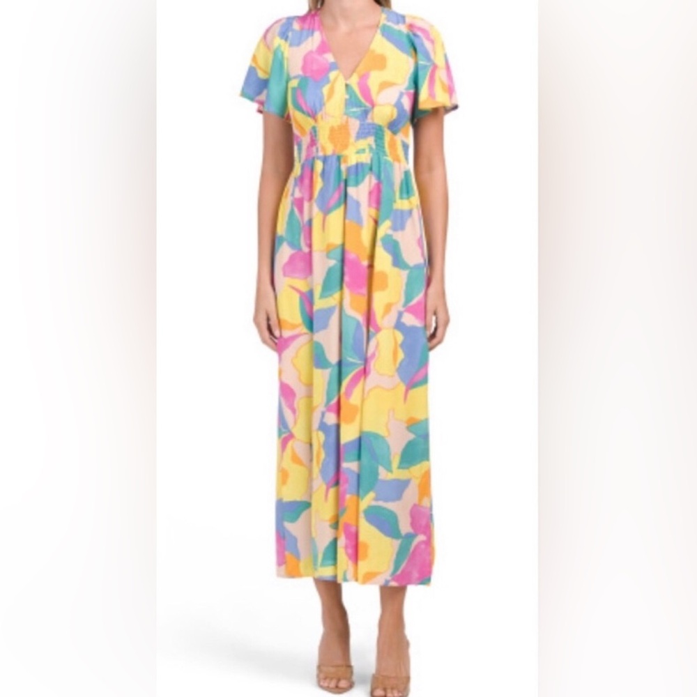 Anthropologie Abel the label‎ ATL pastel v-neck smocked maxi dress size XS new